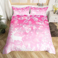 Manfei Christmas Pink Duvet Cover Set Twin Size, Xmas Trees Deer Snowflake Bedding Set 2pcs for Kids Girls, New Year Theme Comforter Cover Soft Polyester Quilt Cover with 1 Pillowcase,No Comforter