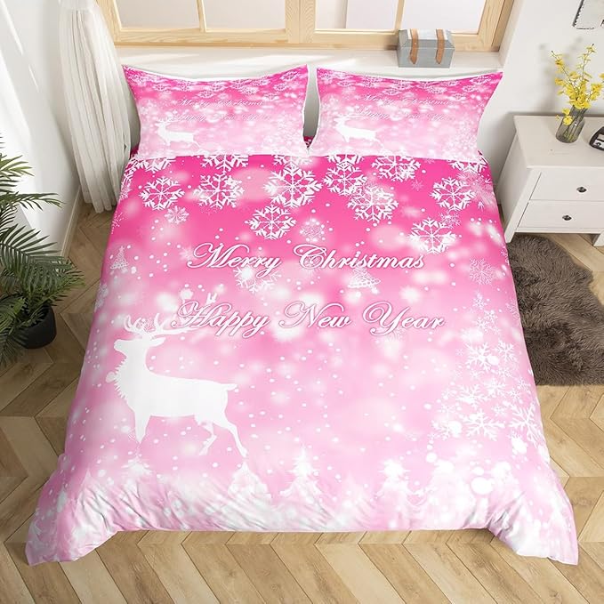 Manfei Christmas Pink Duvet Cover Set Twin Size, Xmas Trees Deer Snowflake Bedding Set 2pcs for Kids Girls, New Year Theme Comforter Cover Soft Polyester Quilt Cover with 1 Pillowcase,No Comforter