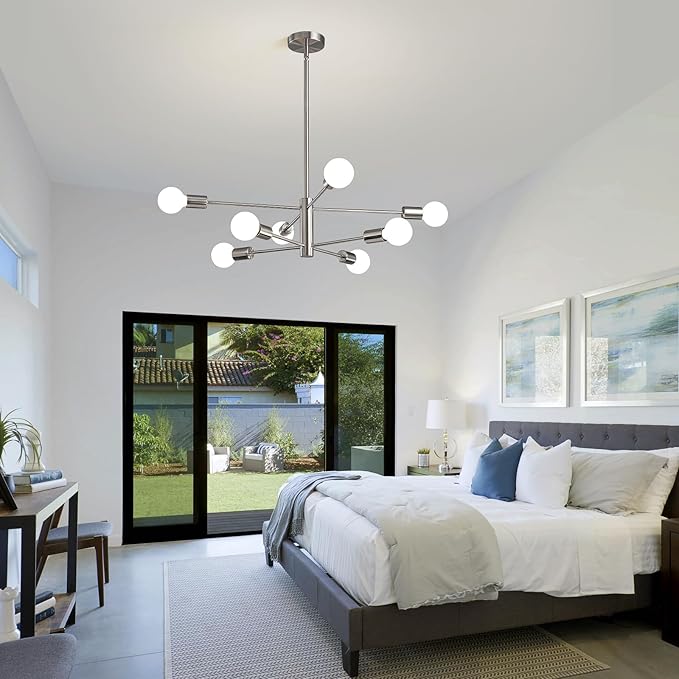 Modern Sputnik Chandeliers Light, 8 Lights Brushed Nickel Dining Room Chandelier Over Table, E26 Mid Century Ceiling Light Fixtures Height Adjustable Hanging Pendant Lighting for Entryway Foyer