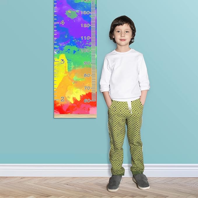 Kids Growth Chart Ruler for Wall Wood Frame Height Measure Chart 13.4x56 in Linen Hanging Height Growth Chart Watercolor Tie Dye Kids Room Decor