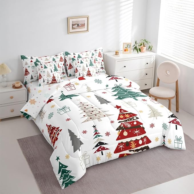 Erosebridal Christmas Bed in A Bag 7 Pcs Colorful Christmas Tree Comforter Set for Women Men Xmas Tree Snowflake Bedding Sets King Winter Xmas Ornaments Gift Sheet Set with Comforter
