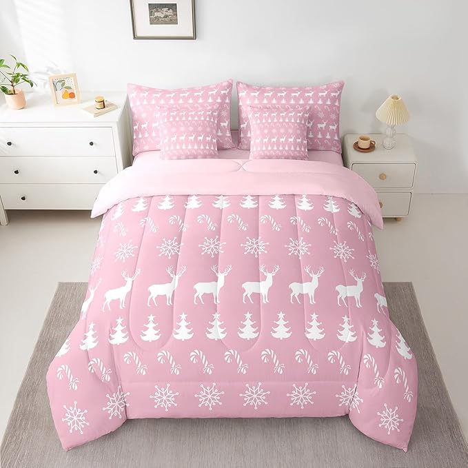Erosebridal Christmas Full Bedding Set 7 Piece,Xmas Elk Deer Bed in A Bag,Candy Snowflake Comforter Set Pine Tree Woodland Animals Sheet Set with Comforter,Pink Christmas Decoration