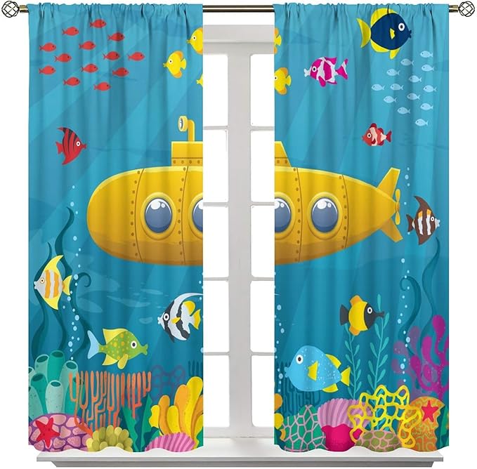 Boy Window Curtains Submarine Window Drapes Yacht Window Treatments Underwater World Oasis Thermal Drapes for Kids Girls Toddler Teens Room Dorm Decor Set 2 Panels,63x63 Inches