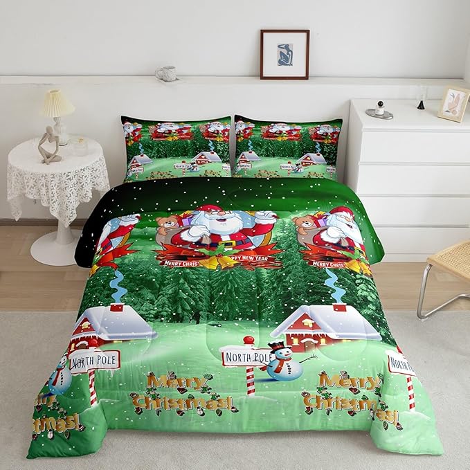 Feelyou Santa Claus Printed Comforter Set Christmas Bedding Set for Kids Boys Girls Galaxy Blue Cute Decor Comforter Snowman Snowflake Quilt Collection 3Pcs Queen Size