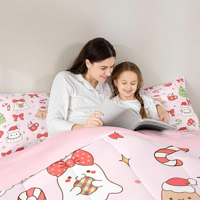 Feelyou Christmas Bedding Set Soft for Boys Girls, Cute Bow Comforter Set Toddler Size Cute Ghost Duvet Quilt Microfiber Coquette Bow Knot Bedroom Decor Candy Print 2 Pcs with 1 Pillow Cases