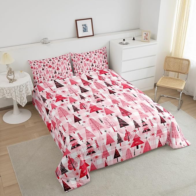 Manfei Cartoon Tree Comforter Set Twin Size, Christmas Theme Bedding Set 2pcs for Kids Girls Adults Bedroom Decor, New Year Pink Plaid Down Comforter Soft Polyester Quilt Set with 1 Pillowcase