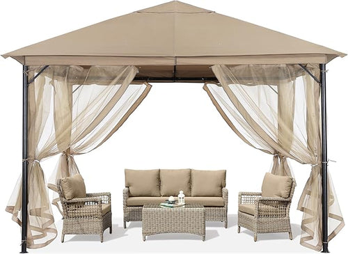 ABCCANOPY Outdoor Patio Gazebo 11x11 - Single Roof Canopy with Mosquito Netting for Backyard, Deck, Garden, Lawn, Khaki