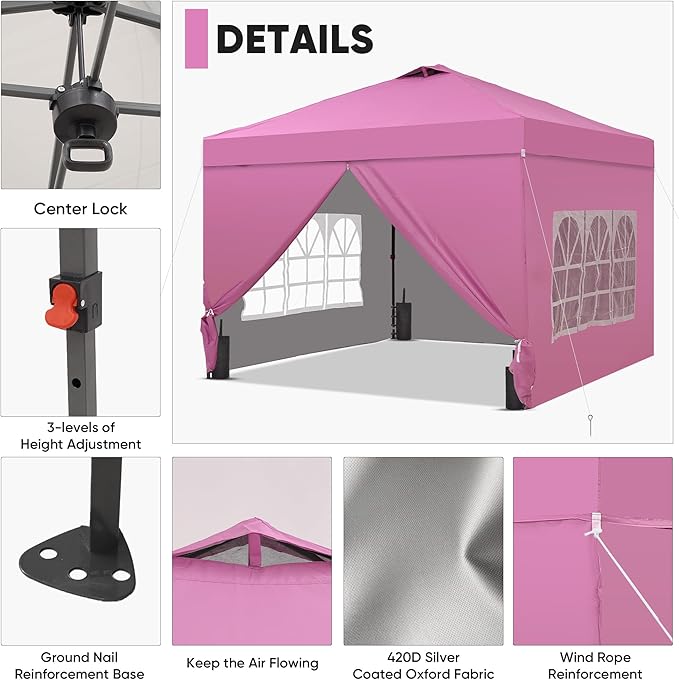 GDY 12x12 Pop Up Canopy Tent with 4 Sidewalls, Easy Set up with One Push Lift Outdoor Silver Coated Beach Gazebos, Carpas for Pool, Events, Parties, and Camping, Pink.