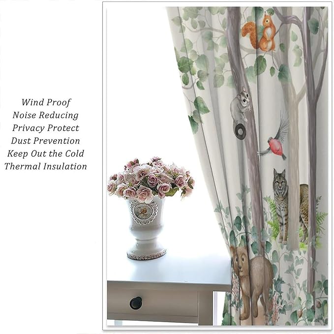 Woodland Animal Curtains, Cartoon Wild Rustic Forest Animals Pattern Blackout Window Treatments, Rod Pocket Thermal Insulated Drapes 2 Panel Sets for Kids Bedroom Nursery Classroom, 42" W X 63" L