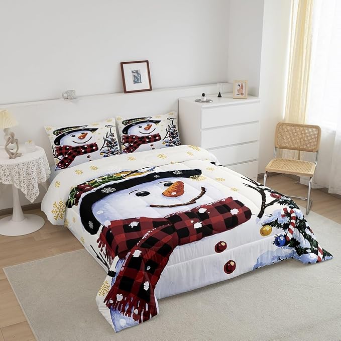 Feelyou Kids Christmas Theme Decorations Bedding Set Xmas Snowman Comforter Set for Boys Girls Snowflake Kawaii Cute Comforter Beige Golden Quilt Set Bedroom Collection Toddler Size