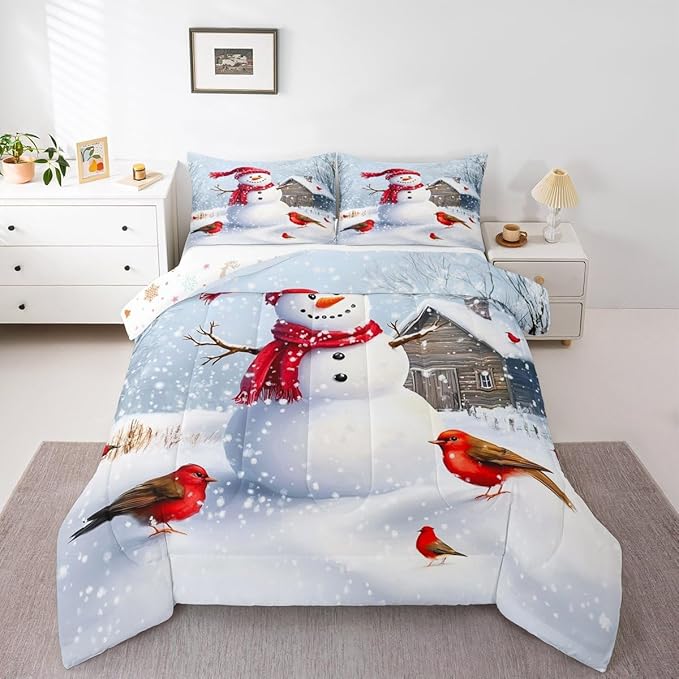 Feelyou Merry Christmas Comforter Set All Season Cute Snowman Bedding Set with 1 Pillow Cases Snowflake Microfiber Kids Toddler Bedclothes Winter Bedroom Decor Duvet Quilt Breathable Soft