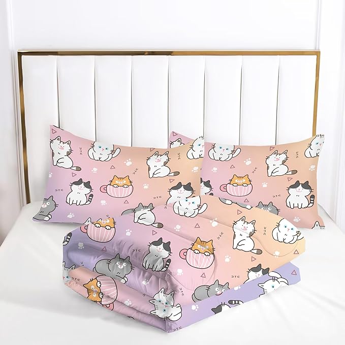 Cat Comforter Set Full: Cat Themed Rainbow Bedding Set Kawaii Colorful Kitten Quilts Pet Cats Bed Sets for Teen Girls Kids Women 1 Comforter & 2 Pillowcases