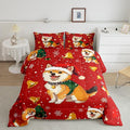 Cartoon Dog Comforter Set Queen Size,Bell Christmas Tree Star Snowflake Bedding Set for Kids Boys Girls Room Decor,Cute Corgi Xmas Theme Duvet Insert 3Pcs,Merry Christmas Red Quilt Set,2 Pillowcases