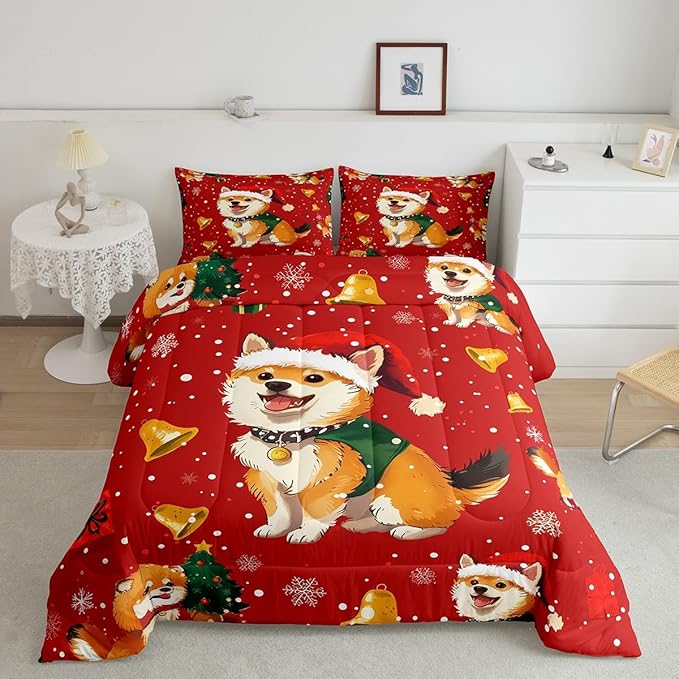 Cartoon Dog Bedding Set Full Size,Bell Christmas Tree Star Snowflake Comforter Set for Kids Boys Girls Room Decor,Cute Corgi Xmas Theme Duvet Insert 3Pcs,Merry Christmas Red Quilt Set,2 Pillowcases