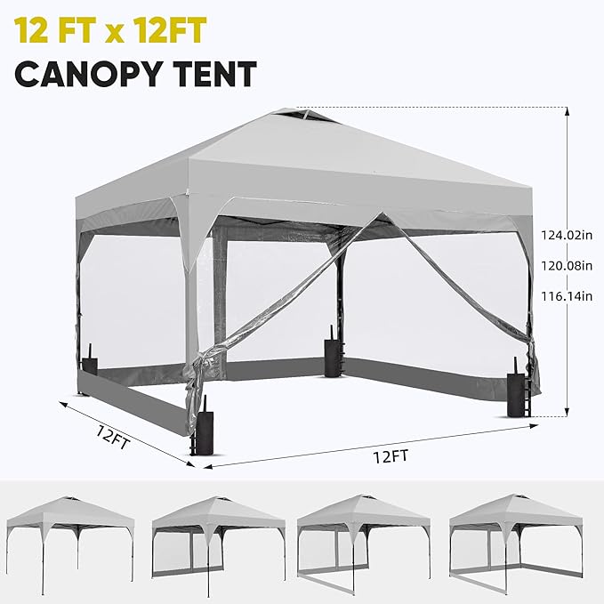 GDY 12x12FT Pop Up Canopy Tent with One Push Setup, Easy Setup Gazebo with 4 PVC Transparent Sidewalls for Events, Parties, Camping, White.