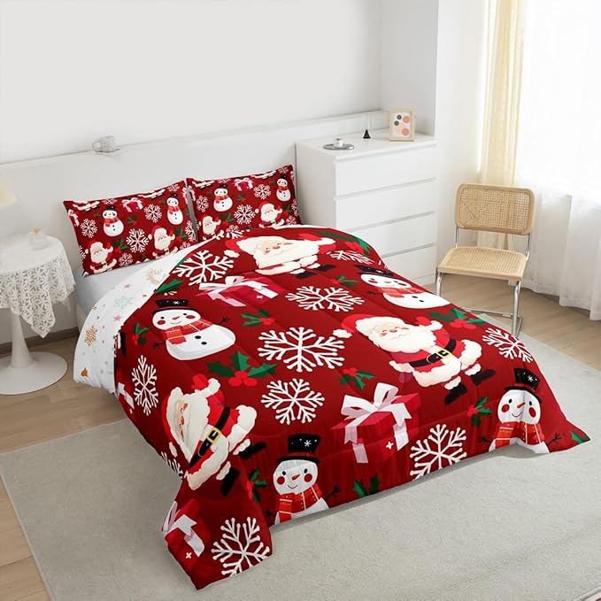 jejeloiu Merry Christmas Comforter Set Toddler Size Xmas Santa Claus Bedding Set for Kids Boys Girls Cute Snowman Duvet Quilt Red Bedroom Decor