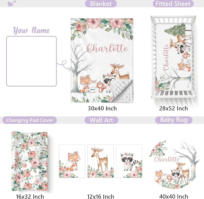 Personalized Baby Crib Bedding Set, 5 Pcs Custom Name Nursery Bedding Set for Girls Boys, Pink Forest Animals Baby Crib Set for Toddlers Infants, Double Layer Bedding Crib Sets Customized Gifts
