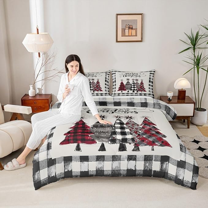 Christmas Trees Kids Comforter Set Twin Size,Geometric Grids Ink Tie-dye Bedding,Girls Boys Adults Bedroom/Xmas Cabin Decor,Rustic Vintage Down Comforter,Black Grey Retro Duvet Insert,1 Pillowcase