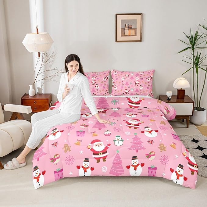 Feelyou Christmas Kids Comforter Set Queen Size Happy New Year Bedding Set Santa Claus Duvet Quilt for Kids Boys Girls Bedroom Merry Christmas Decor Microfiber Ultra Soft Breathable