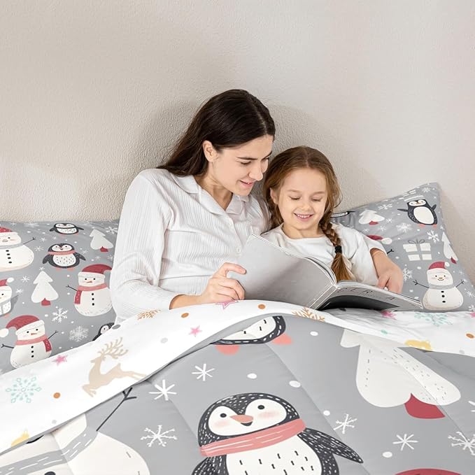 Feelyou Christmas Comforter Set King Size Snowman Snowflake Bedding Set for Kids Boys Girls Penguin Duvet Quilt New Year Gift Bedroom Decor Microfiber 3 Pcs with 2 Pillow Cases
