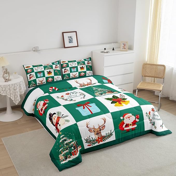 Erosebridal Merry Christmas Quilt King Size for Kids Teens Santa Claus Xmas Tree Bedding Set Cartoon Deer Snowman Comforter Set with 2 Pillow Cases