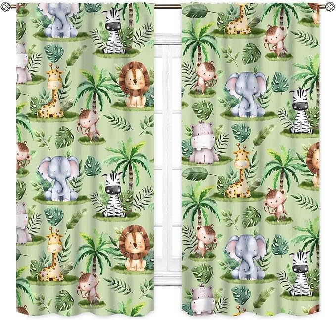 Jungle Safari Animals Curtains, Cartoon Animals Lion Giraffe Elephant Woodland Tropical Leaf Green Window Drapery for Kids Boys Girls Baby Living Room Bedroom Nursery 2 Panels, 63"x63" Inch