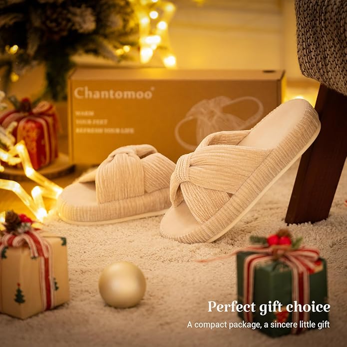 Chantomoo Slippers for Women Memory Foam House Bedroom Corduroy Bow Crossbands Slipper Shoes Comfy Trendy Gift Slippers