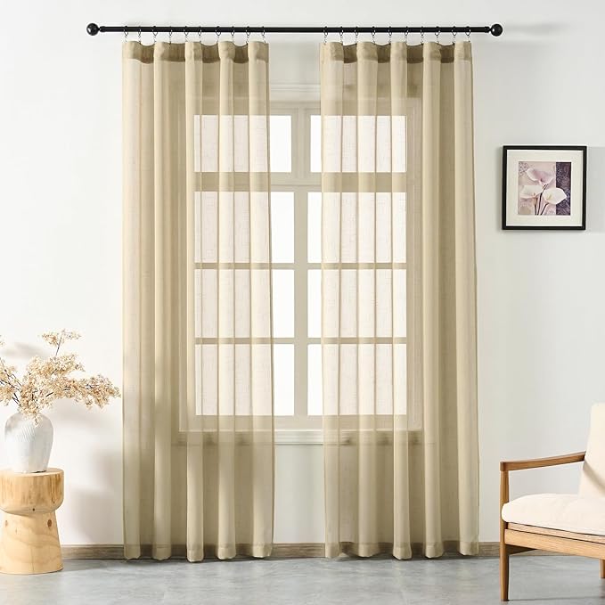 Taupe Sheer Curtains 108 Inches Long, Neutral Linen Look Textured Light Filtering Drapes, Tan Beige Transparent Window Decor, Rustic Floor to Ceiling Pinch Pleat Curtain with Hooks