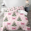 LUVIVIHOME 3PCS Pink Bow Christmas Tree Duvet Cover King Bedding Set, Teen Girls Bedding, Xmas Tree Candy Cane Winter Holiday Christmas Comforter Cover, Coquette Room Decor Aesthetic, 2 Pillow Shams