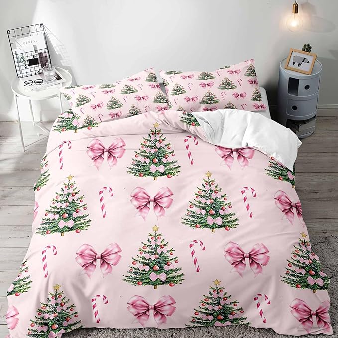LUVIVIHOME 3PCS Pink Bow Christmas Tree Duvet Cover Queen Bedding Sets, Teen Girls Bedding, Xmas Tree Candy Cane Winter Holiday Christmas Comforter Cover, Coquette Room Decor Aesthetic, 2 Pillow Shams