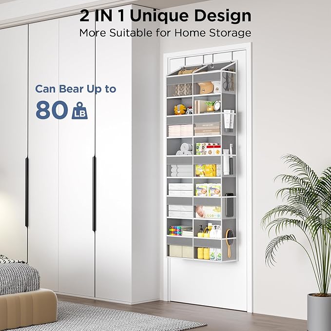 5-Tier Over The Door Organizer with 10 Side Mesh Pockets & Clear Windows, 80 lb Weight Capacity Hanging Storage for Bathroom, Bedroom, Nursery, Kitchen, Organizer Toys, Shoes, Diapers (Grey 2 Pack)