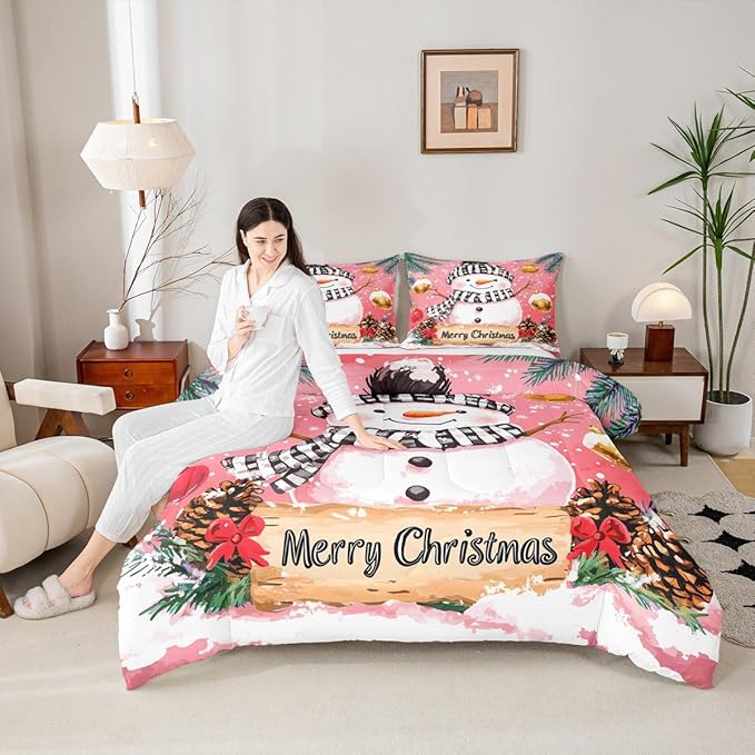 Feelyou Merry Christmas Kids Comforter Set Full Size Cute Snowman Bedding Set Snowflake Duvet Quilt for Kids Boys Girls Bedroom Winter Decor Microfiber Ultra Soft Breathable