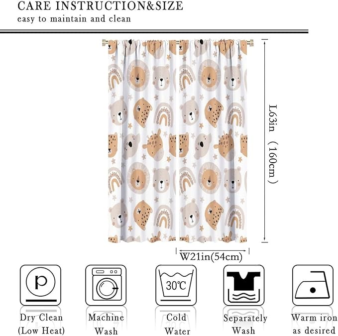 Cartoon Boho Animal Curtains,Funny Forest Safari Print,Cute African Wildlife Koala Giraffe Lion Leopard Bear Rainbow Blackout Window Drapes for Boys Girls Kids Baby Child Bedroom 42x63in