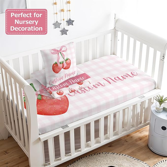 Personalized Baby Crib Bedding Set,3 Piece Custom Name Nursery Set with Blanket, Fitted Sheet & Pillowcase for Baby Girls & Boys, Strawberry Bow Theme(Fixed Size)