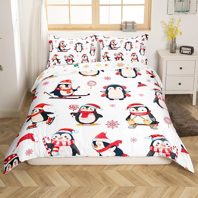 Feelyou Cartoon Penguin Duvet Cover Funny Animal Printed Christmas Day Bedding Set for Kids Room Cute Polar Animal Pattern Decor Comforter Cover Set Snowflake Bedspread Cover 3Pcs Zipper Full Size