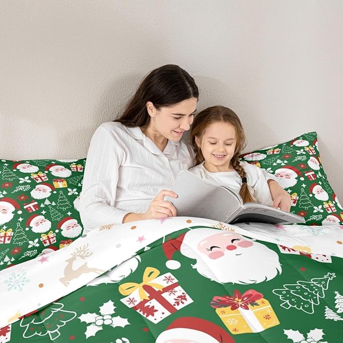 jejeloiu Santa Claus Comforter Set Queen Size Merry Christmas Bedding Set for Kids Boys Girls Xmas Themed Duvet Quilt Green Bedroom Decor
