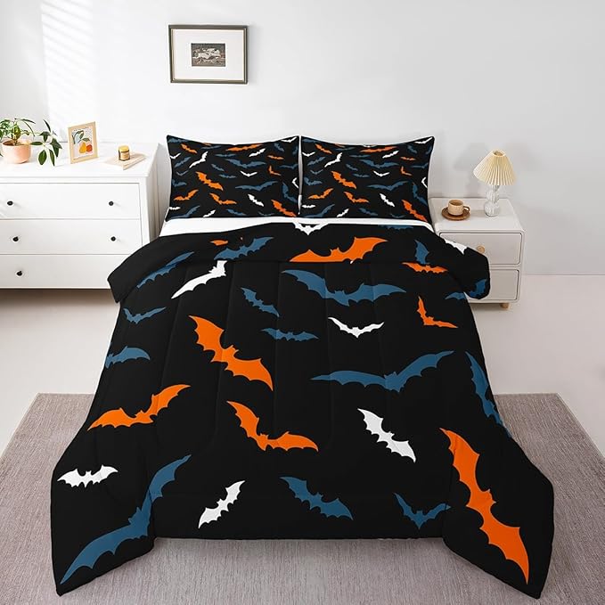 Erosebridal Bat Bedding Set for Kids Adults Boys Girls Happy Halloween Comforter Set Full Size Gothic Spooky Quilt Orange Bats Duvet Insert with 2 Pillow Cases