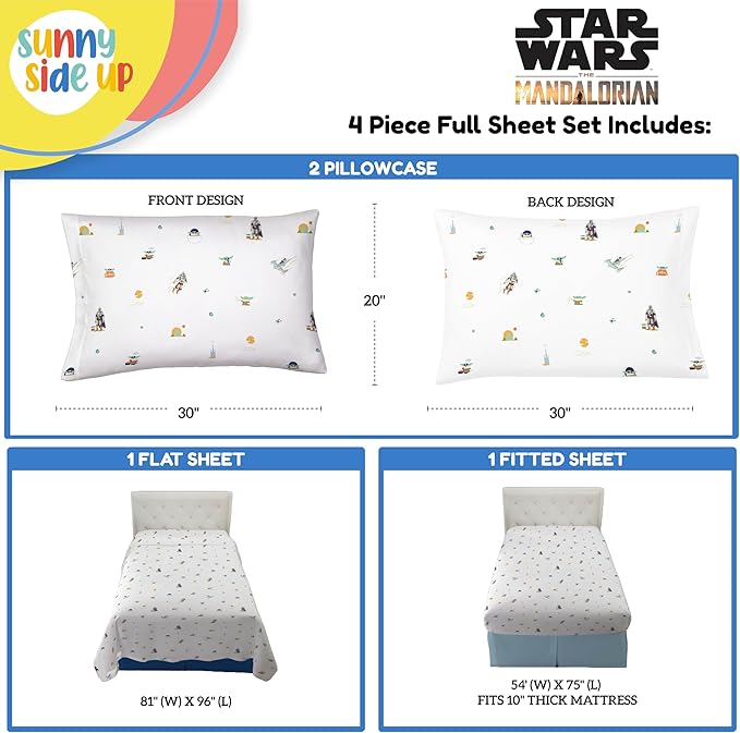 Sunny Side Up Kids Sheet Set with Fitted, Flat Sheets & Pillow Cover - Ultra-Soft Bedding with Pillowcase for Room Decor, White - The Mandalorian, 4 Piece Full