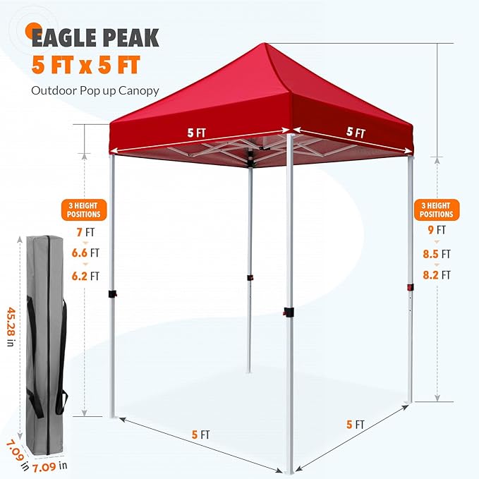 EAGLE PEAK 5x5 Pop Up Canopy Tent Instant Outdoor Canopy Easy Set-up Straight Leg Folding Shelter, Red