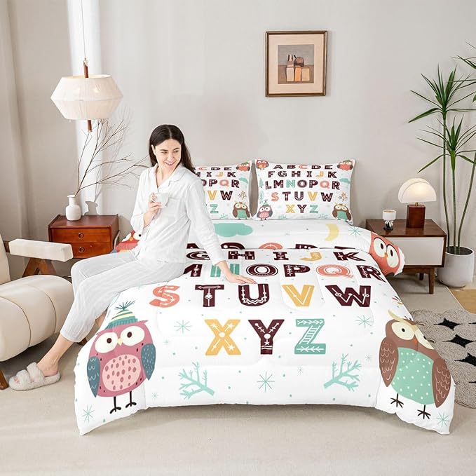 Feelyou Alphabet Kids ABC Learning Comforter Set Twin Size Cartoon Owls Bedding Set for Kids Boys Girls Educational Nursery Art Duvet Quilt Wildlife Bedroom Decor Microfiber 2 Pcs with 1 Pillow Cases
