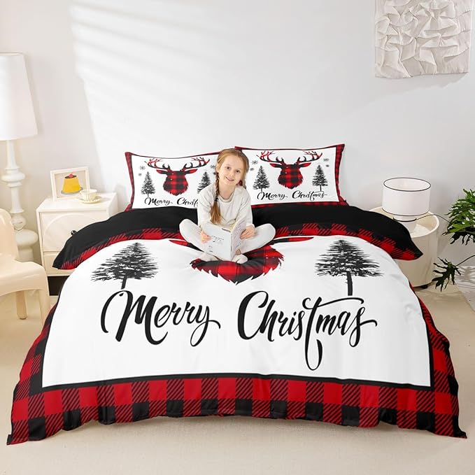 jejeloiu Christmas Bedding Set for Kids Boys Girls Xmas Deer Elk Antlers Comforter Cover Set Twin Size Buffalo Check Grid Duvet Cover Bedroom Decor Xmas Bedding Collection 2Pcs