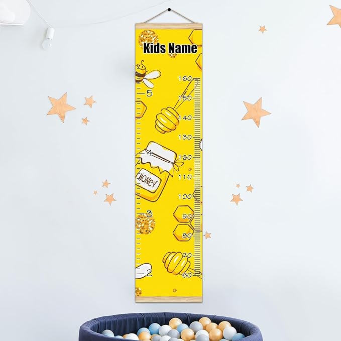 Personalized Kids Name Growth Chart Ruler for Wall Wood Frame Height Measure Chart 13.4x56 in Linen Hanging Height Growth Chart Yellow Cute Bees Pattern Kids Room Decor