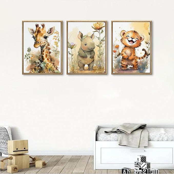 3Pcs Safari Nursery Wall Art watercolor baby Animal Wall Decor Lovely Jungle Animal Picture Painting Kids Room Posters Prints artwork for Boy Girl and Baby Room wall decoration,12x16in Poster
