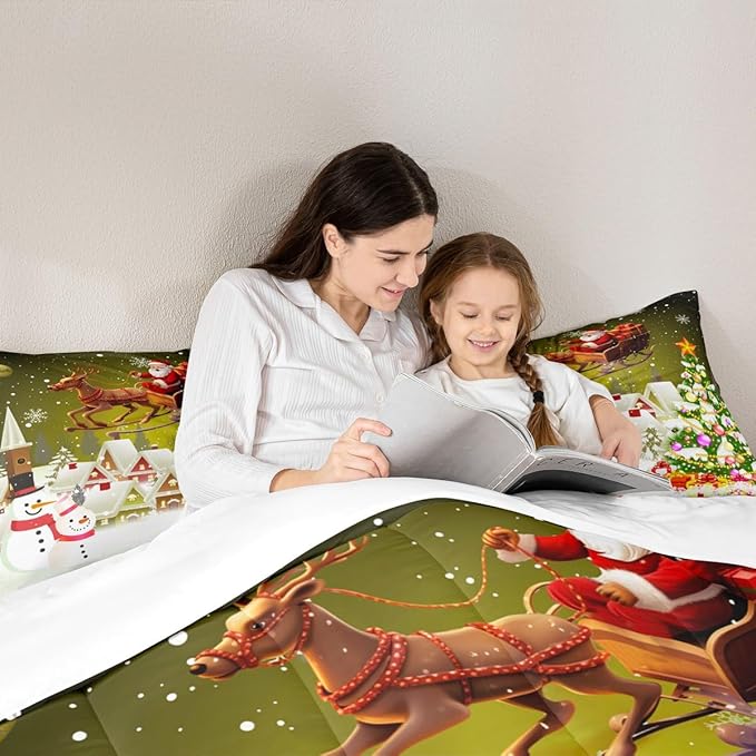 Manfei Christmas Comforter Set Queen Size, Xmas Tree Snowman Quilt Set with 2 Pillowcases, Santa Claus with Deer Bedding Set 3pcs for Kids Boys Girls Room Decor New Year Theme Duvet Insert