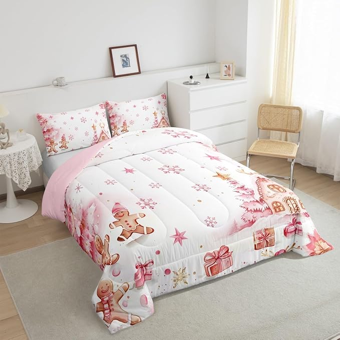jejeloiu Kids Christmas Theme Comforter Set Queen Size Pink Xmas Gingerbread Man Bedding Set for Boys Girls Teens Candy House Snowflake Winter Happy New Year Duvet Quilt Room Decor
