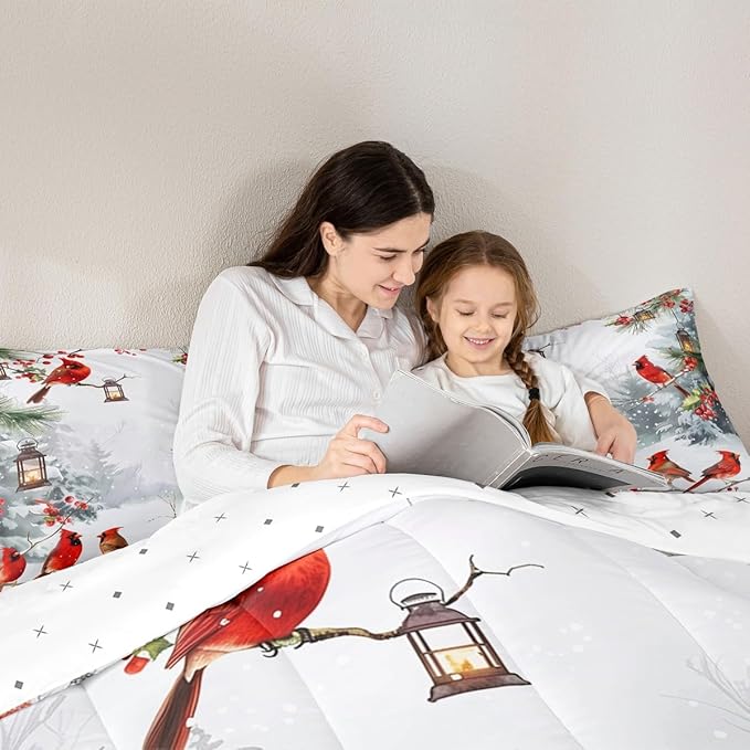jejeloiu Kids Red Cardinal Comforter Set King Size Christmas Theme Bedding Set for Boys Girls Teens Xmas Birds Winter Country Woodland Animal Duvet Quilt Room Decor