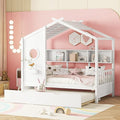 Twin Size House Bed with Roof and Window for Kids, Wooden Playhouse Bed with Storage Shelves and Trundle for Bedroom Furniture Girls & Boys (White/T1)