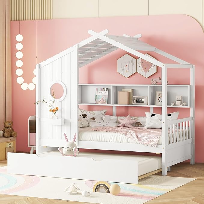 Twin Size House Bed with Roof and Window for Kids, Wooden Playhouse Bed with Storage Shelves and Trundle for Bedroom Furniture Girls & Boys (White/T1)