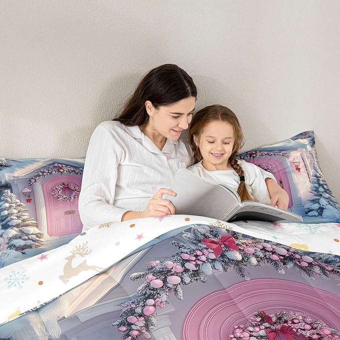 Feelyou Merry Christmas Kids Comforter Set Full Size Winter Snowscape Bedding Set Pink Door Duvet Quilt for Kids Boys Girls Bedroom Garland Xmas Tree Decor Microfiber Ultra Soft Breathable