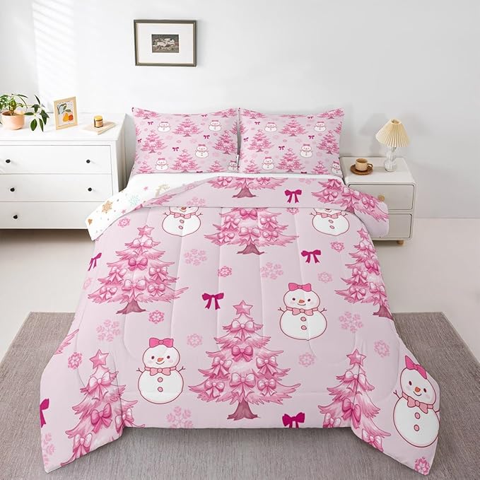 Feelyou Merry Christmas Bedding Set Soft for Boys Girls, Cute Snowman Comforter Set King Size Cartoon Bowknot Duvet Quilt Microfiber Christmas Tree 3 Pcs with 2 Pillow Cases